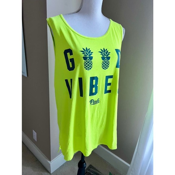 PINK Good Vibes bright green ladies tank top size L - Picture 2 of 5